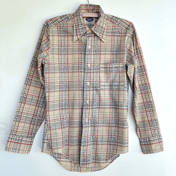 Vintage 70s Macrae Prest Plaid Button-Up Shirt - Permanent Press - S 14-14½ - Picture 1 of 11